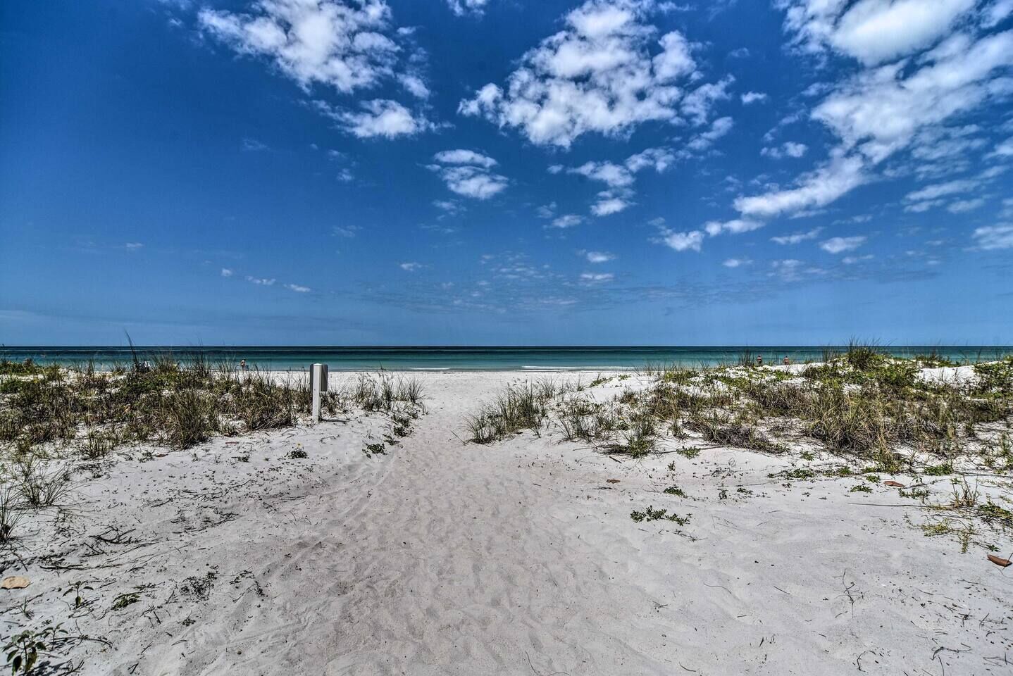 Un sendero bordeando la playa que lleva al océano, con cielos despejados y vegetación escasa.