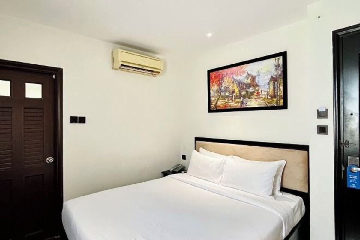 Une chambre d’hôtel avec un lit, un tableau au mur, un appareil de climatisation et une porte.