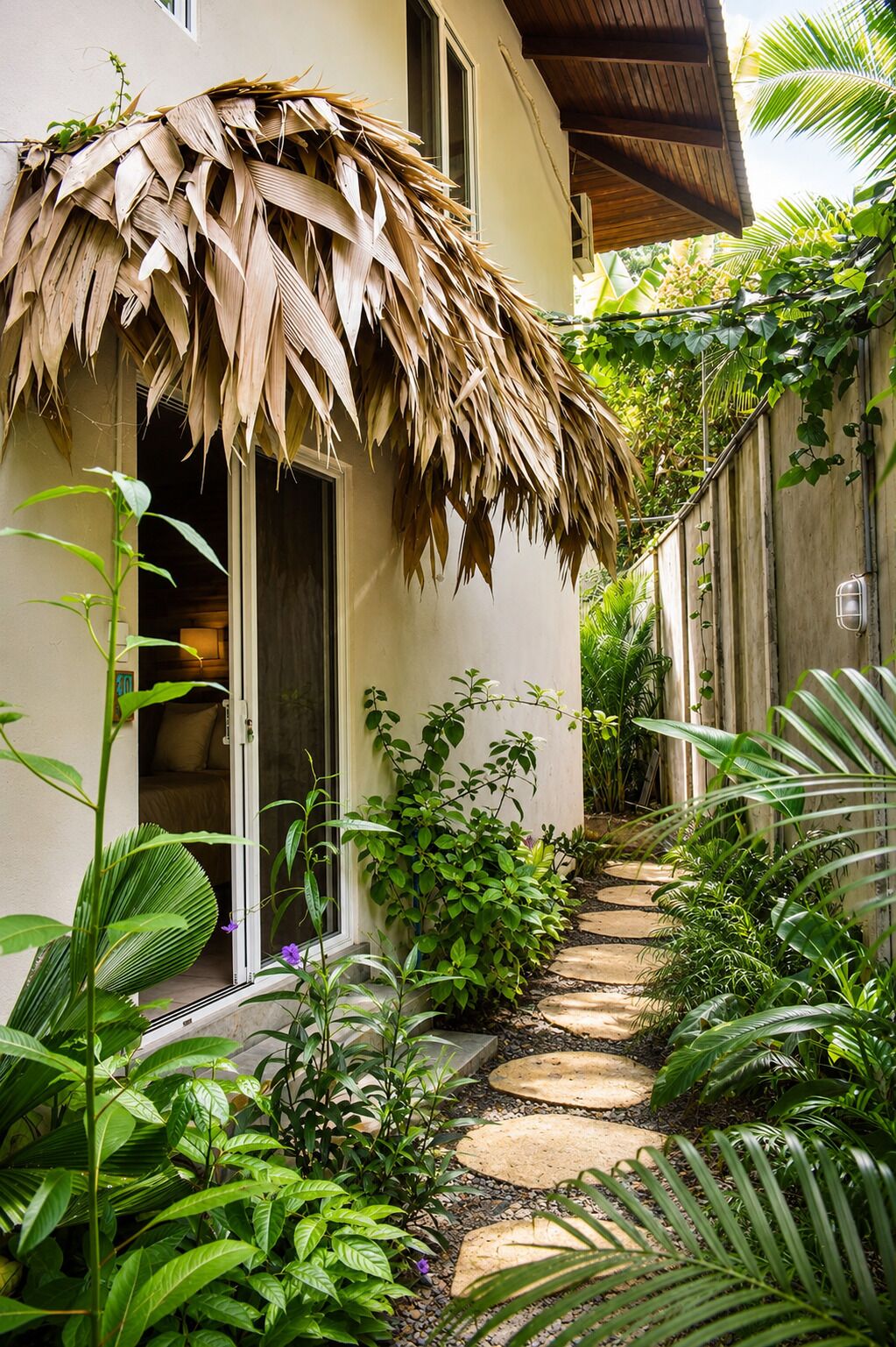 A tropical garden with a thatched roof structure, a stone pathway, and lush greenery.