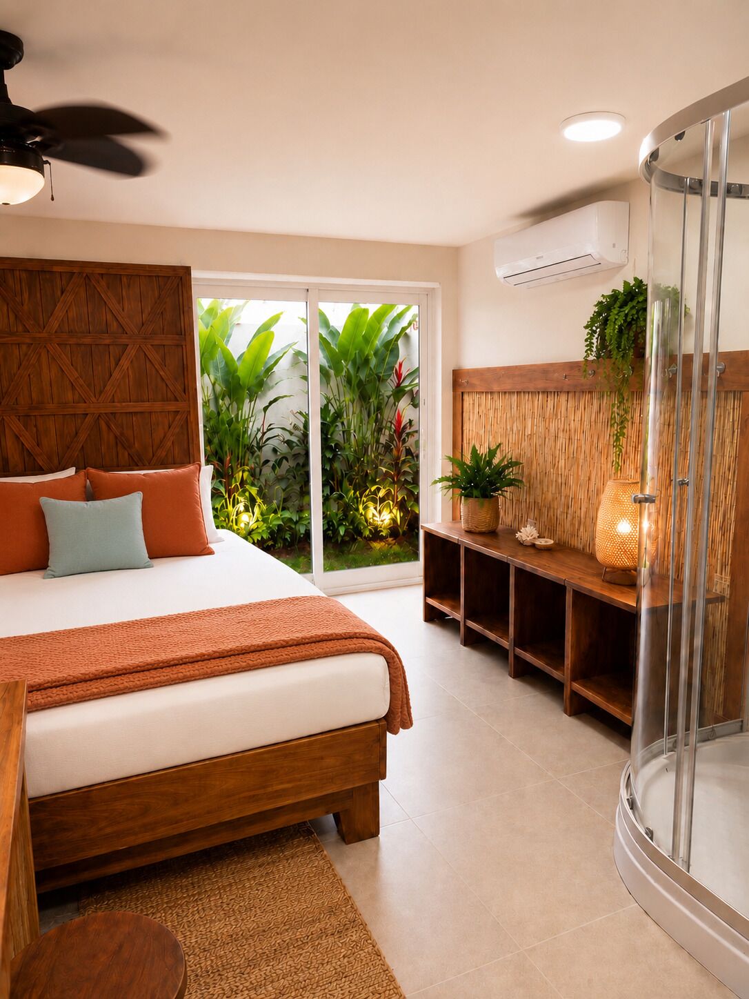 A bedroom with a bed, a ceiling fan, a glass shower enclosure, and a view of greenery outside.