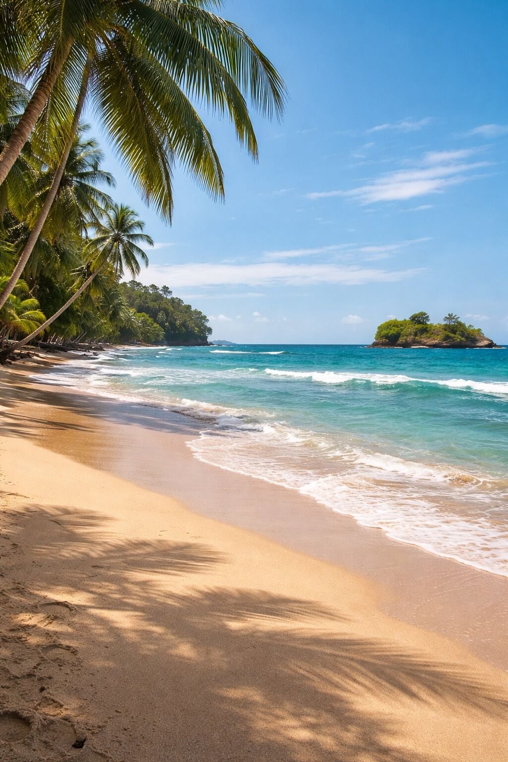A beach with palm trees, clear blue water, and a small island in the distance.