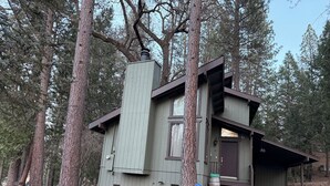 A cabin with a sloped roof, a chimney, and a small porch.