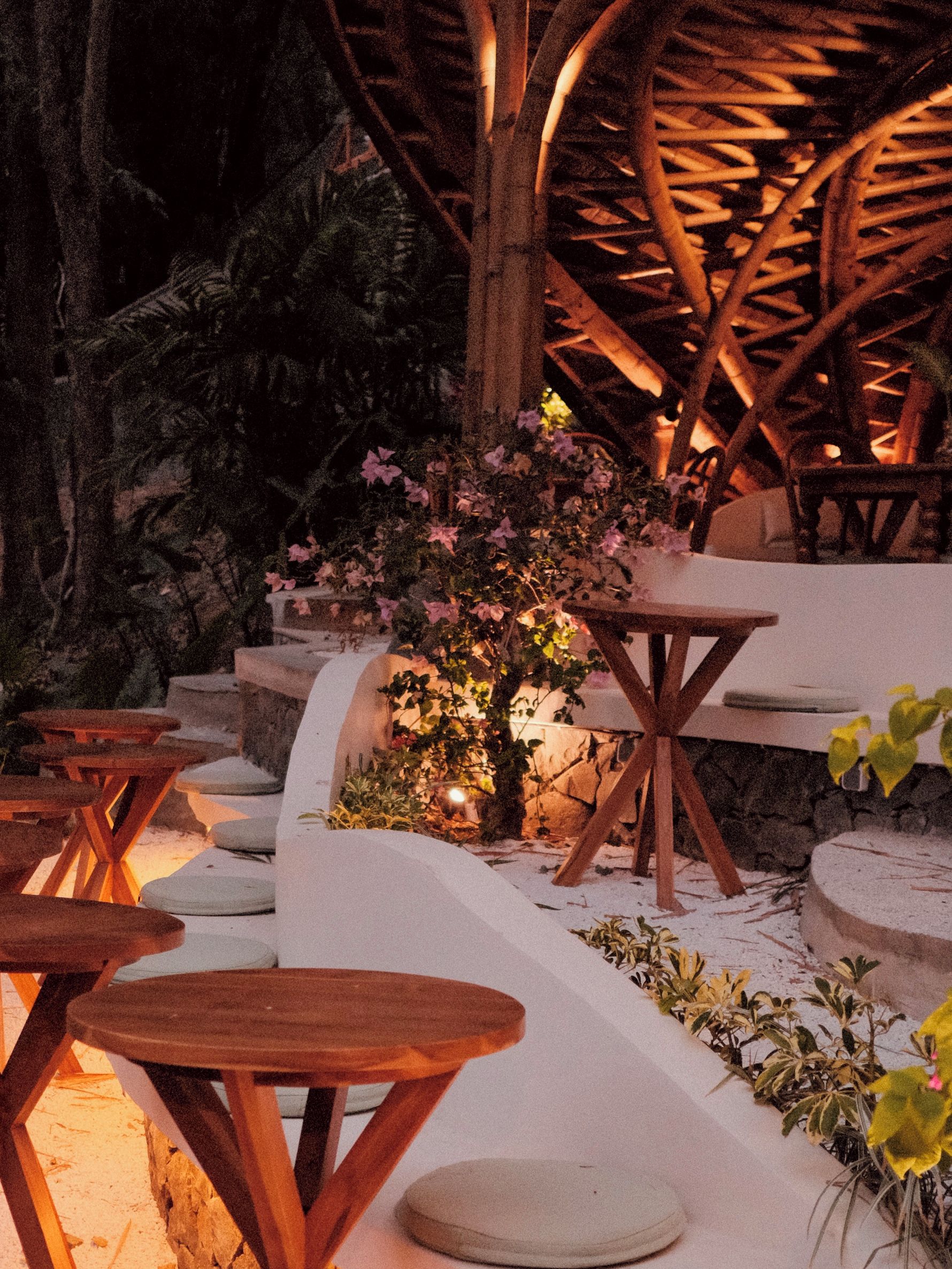 Outdoor seating with tables and chairs, surrounded by plants and a stone pathway.