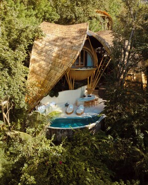 A treehouse with a circular window, a pool, and a dining area surrounded by dense foliage.