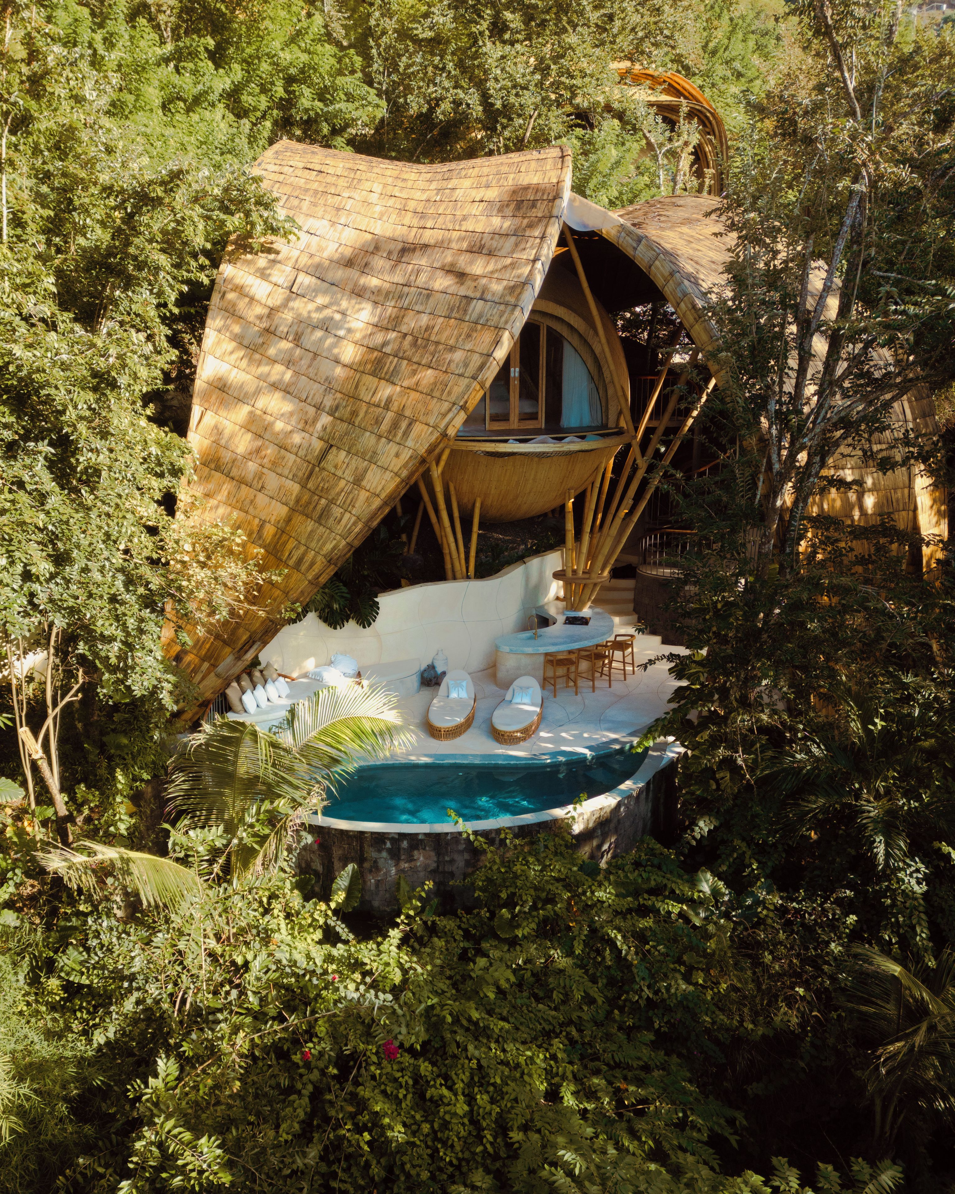 Una casa en los árboles con ventanal circular, piscina y zona de comedor rodeada de follaje denso.