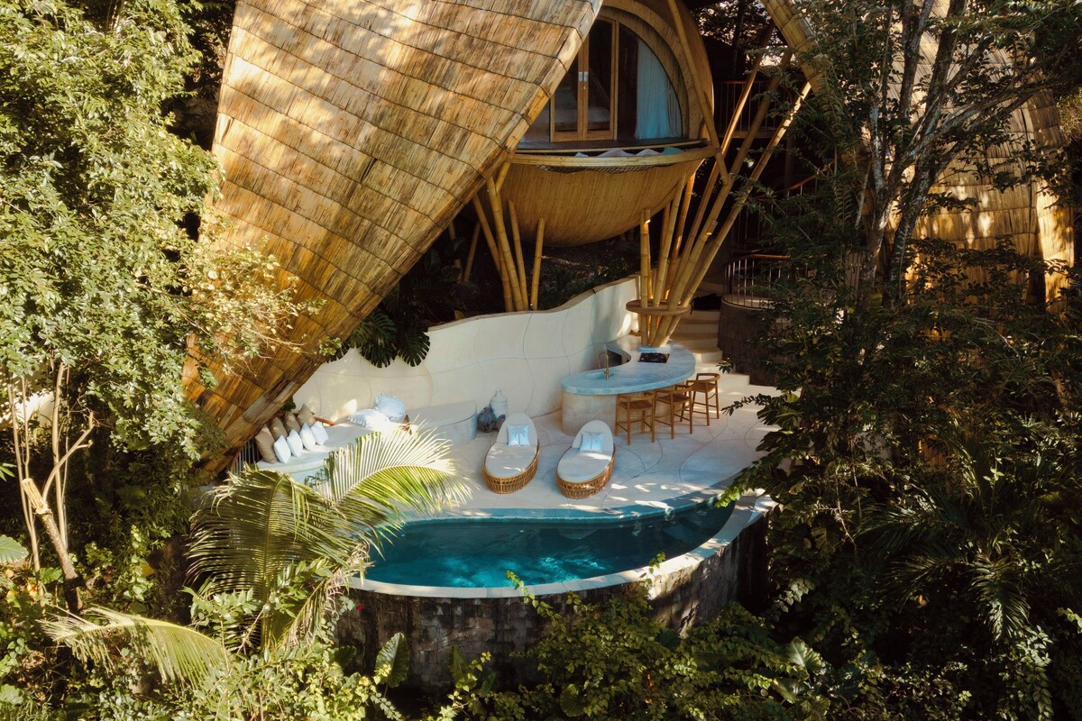 Una casa en los árboles con ventanal circular, piscina y zona de comedor rodeada de follaje denso.
