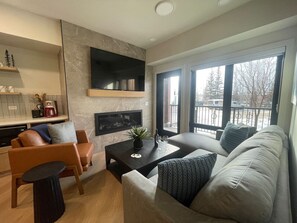 Una televisión, una chimenea