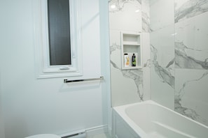 Hair dryer, towels, soap, toilet paper