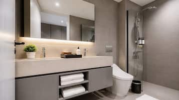 Shower, free toiletries, hair dryer, bathrobes