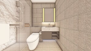 Studio Deluxe, 1 très grand lit, balcon | Salle de bain | Douche, articles de toilette gratuits, sèche-cheveux