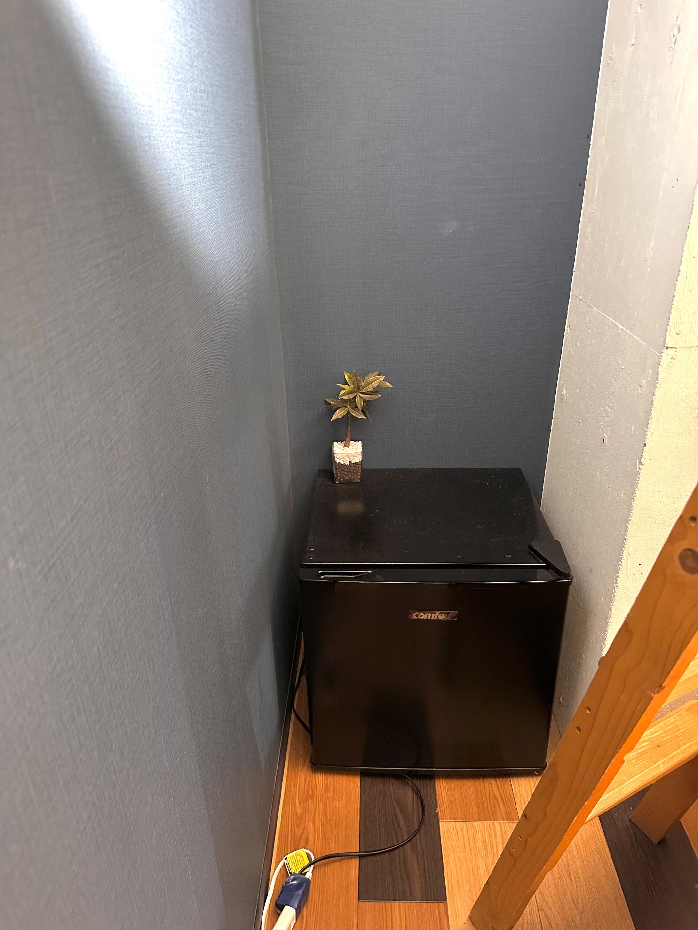 Un pequeño electrodoméstico negro Comfoe en un rincón, sobre un piso de madera y una planta pequeña.