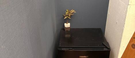 Un pequeño electrodoméstico negro Comfoe en un rincón, sobre un piso de madera y una planta pequeña.