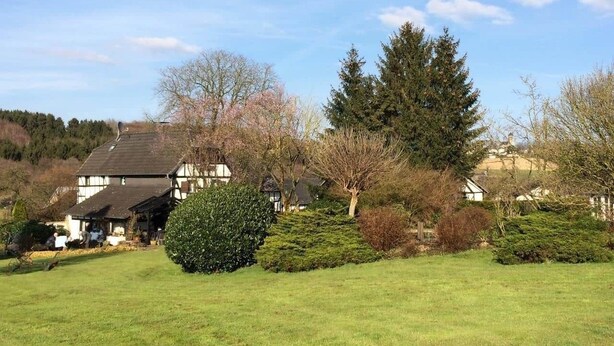 A residential area with a house featuring a large front lawn, a well-maintained garden, and a variety of trees including a prominent evergreen. - Kitchen-living room with bathroom in a historic barn (Hennef)