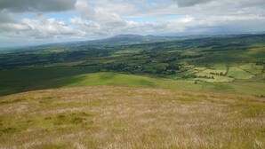 Une vue panoramique d’un paysage vallonné, avec des champs et des bâtiments dispersés.