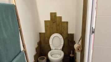 Een douche, handdoeken, zeep, toiletpapier