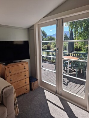 TV connectée, cheminée, livres