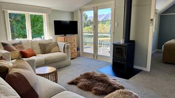 Smart TV, fireplace, books