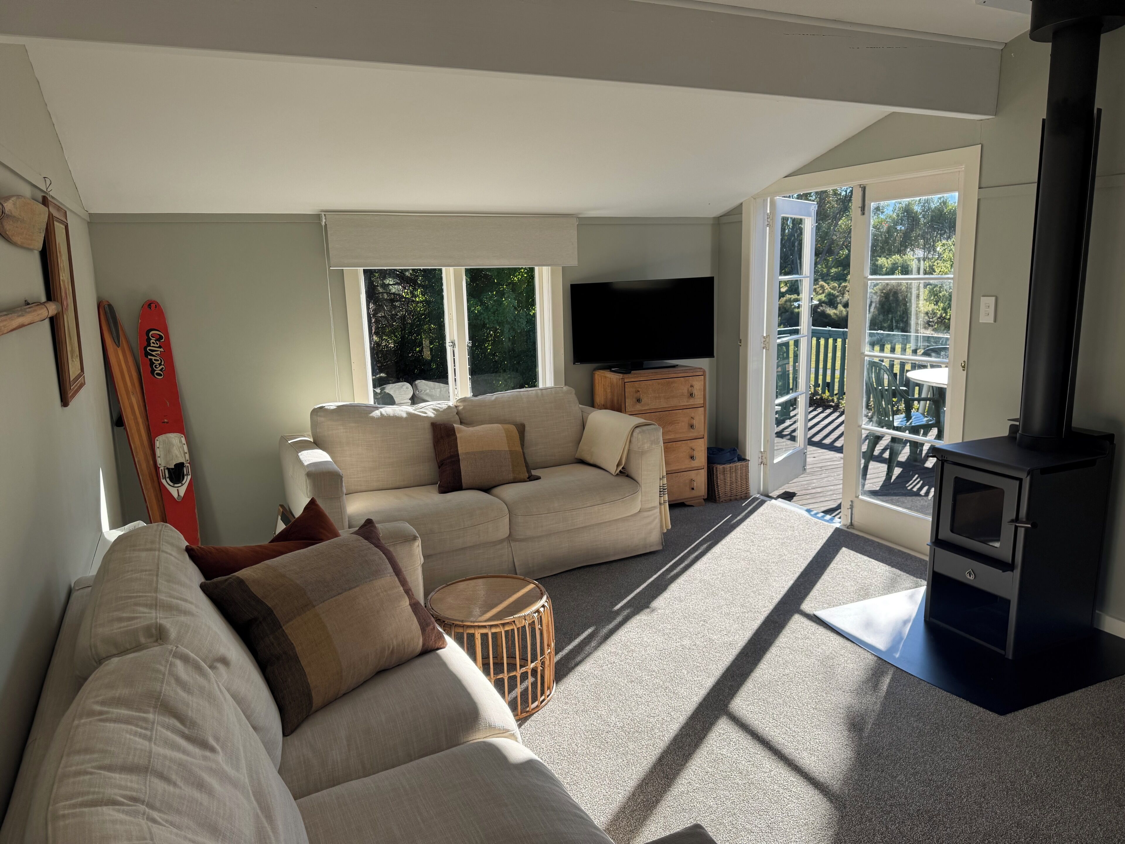 Smart TV, fireplace, books