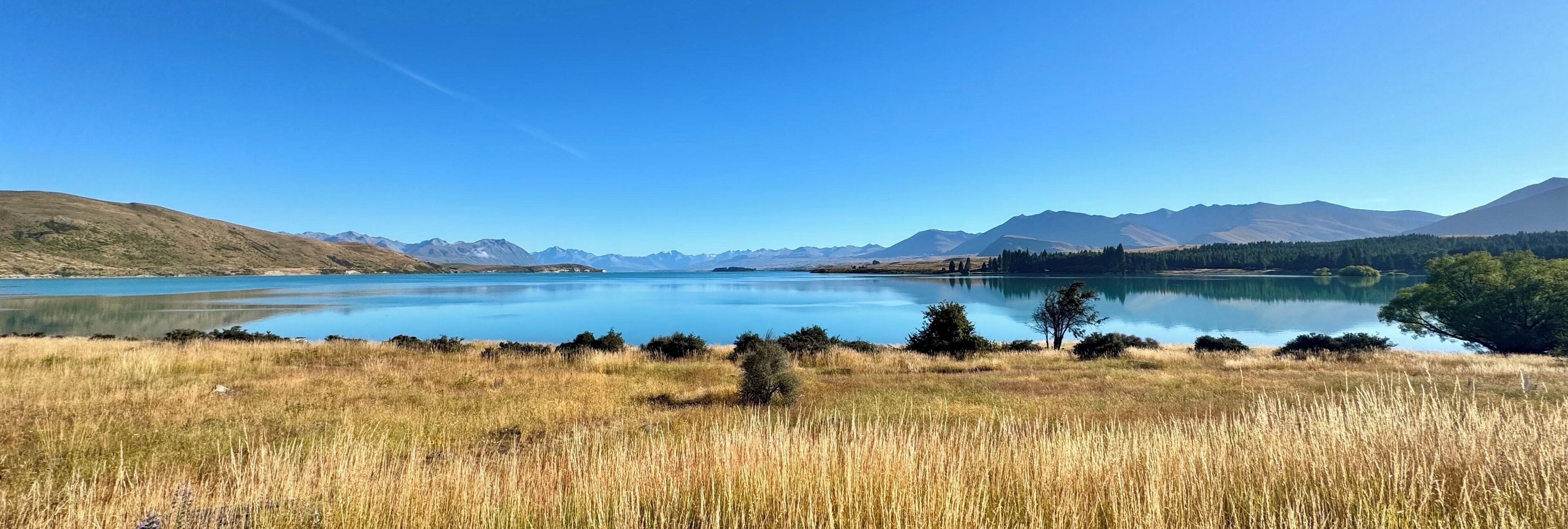 A serene landscape with a lake, mountains, and grassy fields.