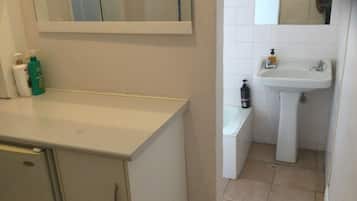 Hair dryer, towels, soap, toilet paper