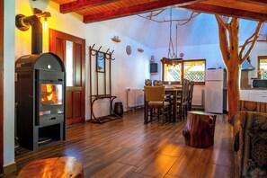 Una televisión, una chimenea