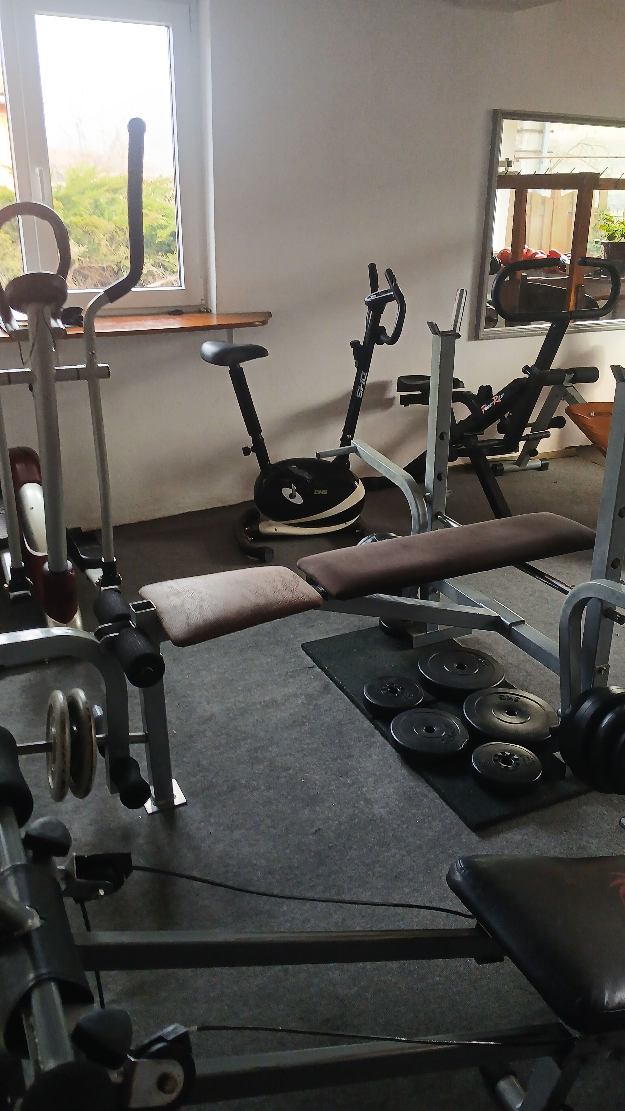 A gym with exercise equipment including a bench, dumbbells, and cardio machines.