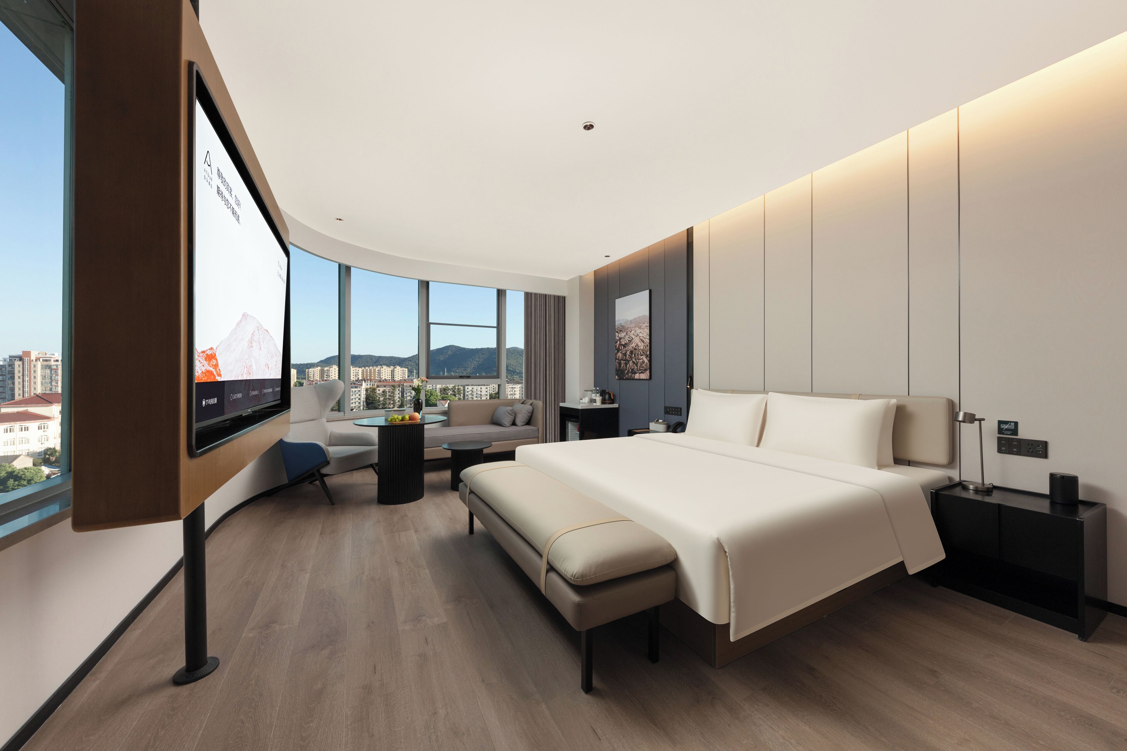 Desk, laptop workspace, blackout curtains, iron/ironing board