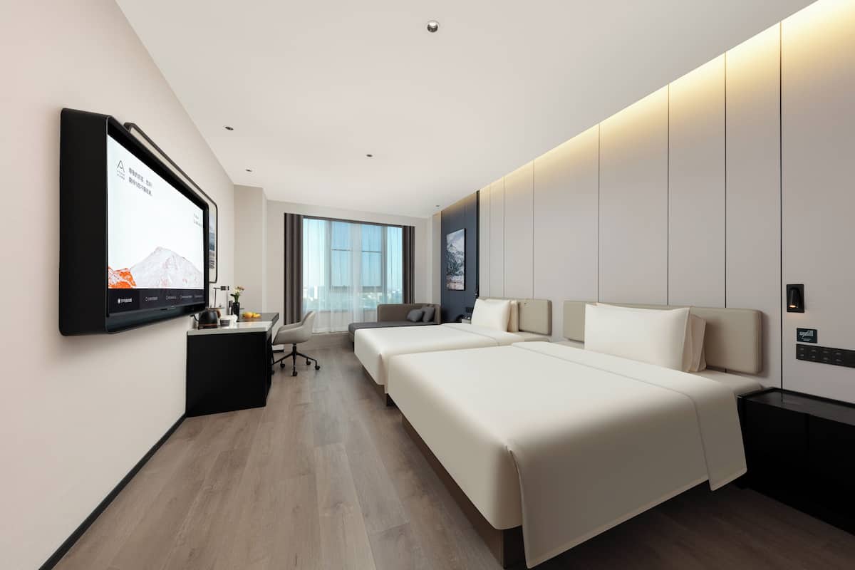 Desk, laptop workspace, blackout curtains, iron/ironing board