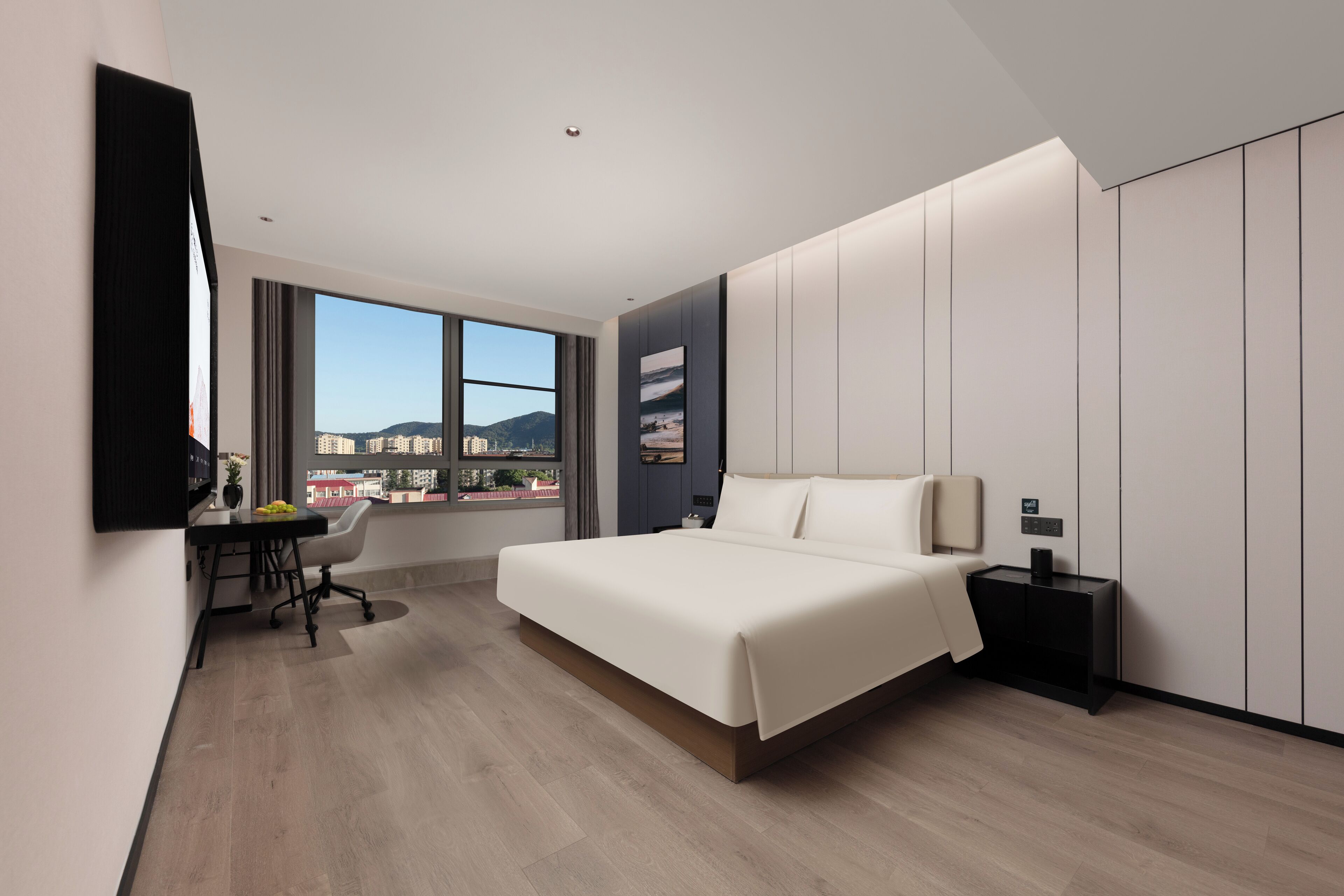 Desk, laptop workspace, blackout curtains, iron/ironing board