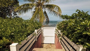 Een pad dat naar een strand leidt, omringd door weelderige begroeiing en een palmboom.