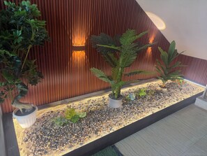 Un jardín interior moderno con plantas en macetas y un sendero de guijarros.