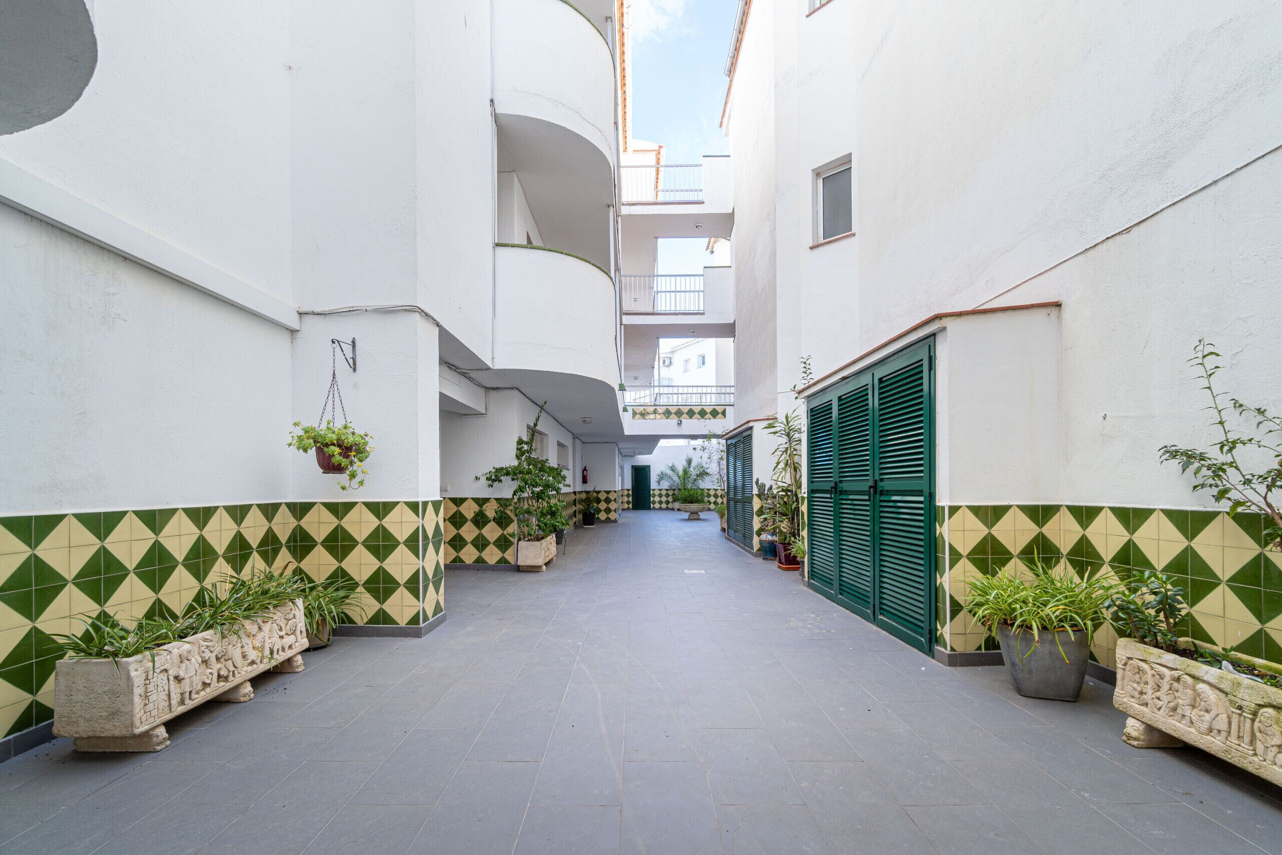 A narrow corridor with tiled floors and walls, flanked by potted plants and green shutters.