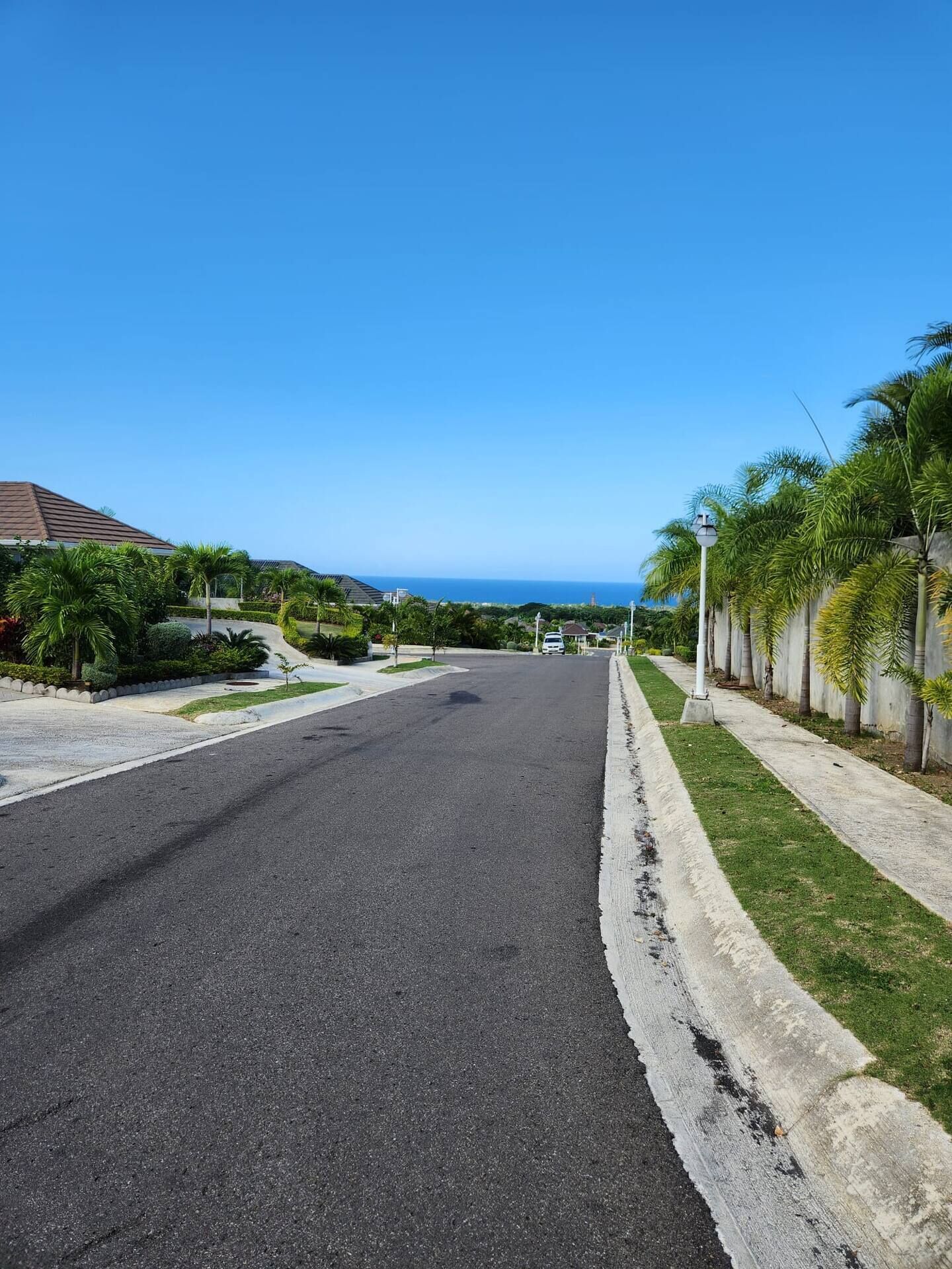 A residential street with houses on both sides, a clear blue sky, and a view of the ocean in the distance.