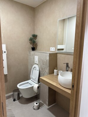 Chuveiro, banheira de hidromassagem, secador de cabelo, toalhas de banho