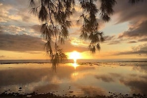 A beach scene with a sunset, calm water, and trees silhouetted against the sky. - Perle de Corail" apartment facing the St-Leu lagoon (Saint-Leu)