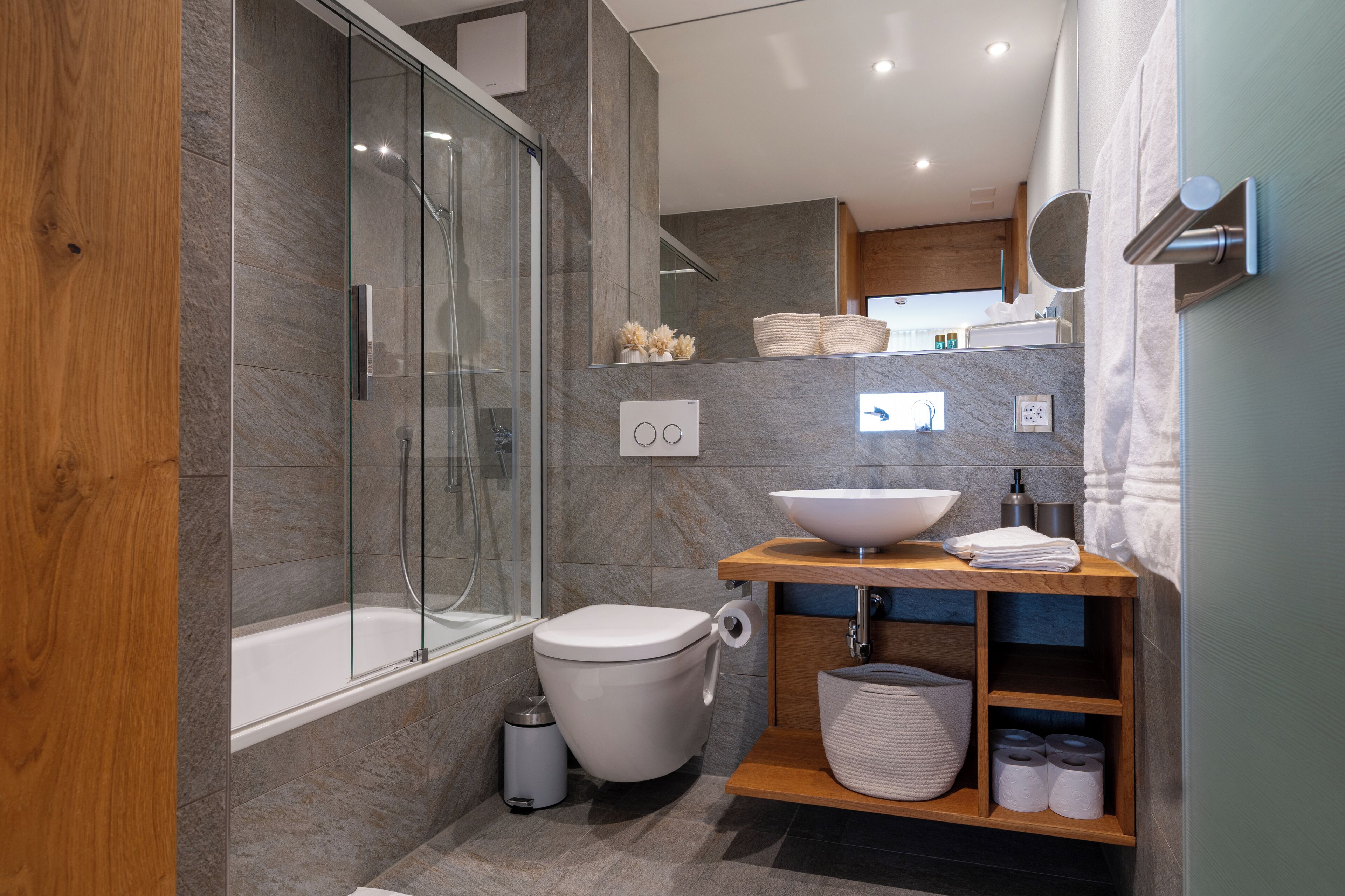 Hair dryer, towels, soap, toilet paper