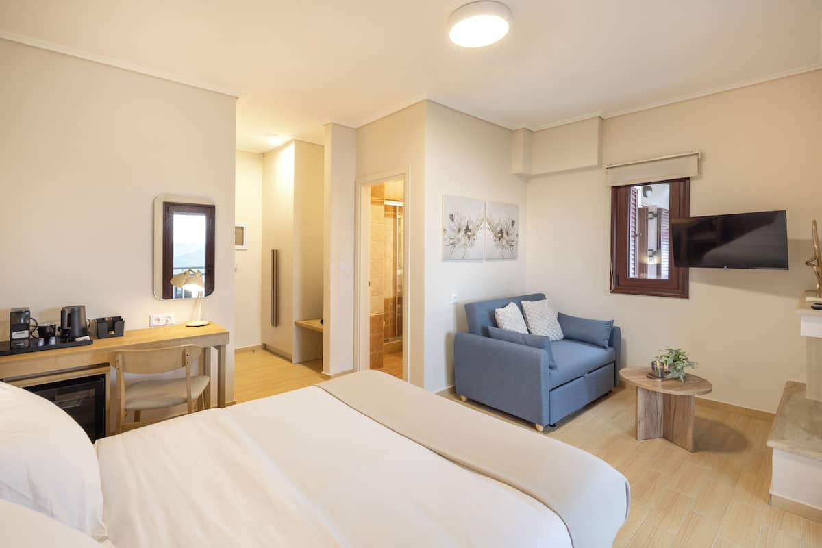 Een hotelkamer met een bed, een bureau met stoel, een blauwe bank, een kleine tafel met plant en een tv aan de muur.
