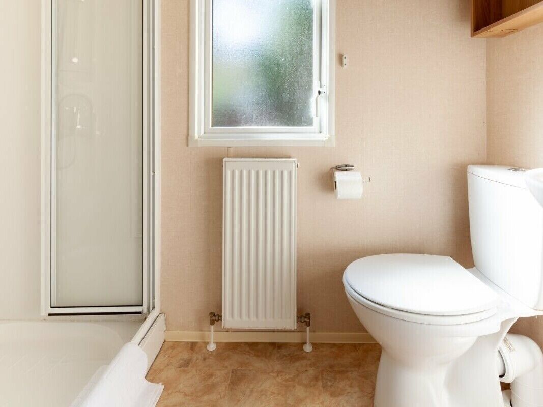 Une salle de bain avec des toilettes, un radiateur et une fenêtre.