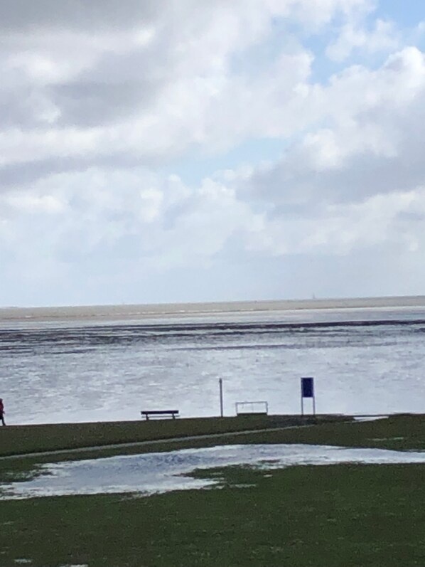 A coastal view with a bench and a sign near the water's edge.