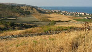 Une ville côtière où se côtoient des immeubles résidentiels et de vastes champs, avec un ciel dégagé et une vue sur la mer.