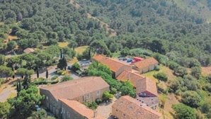 Vue aérienne d’un village rural, avec ses bâtiments traditionnels entourés de forêts denses.