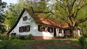 Ein weißes Gebäude mit rotem Ziegeldach, umgeben von üppigem Grün und Bäumen.