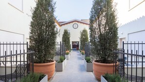 A pathway flanked by tall potted plants leading to a building with a circular window and a red roof.