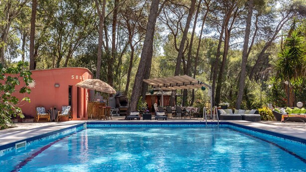 Piscina con sillas de descanso y una zona sombreada, rodeada de árboles.