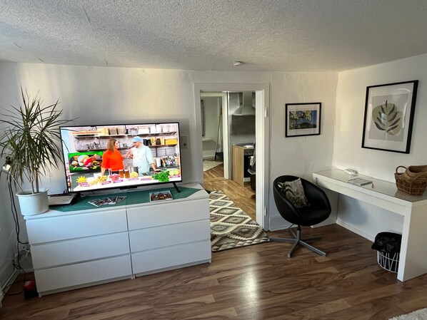 A modern living room with a flat-screen TV, a white cabinet, a black chair, and a potted plant. - Apartment 'Fewo50' 2 Bedrooms/2 Bathrooms – No Terrace (Homberg (Efze))