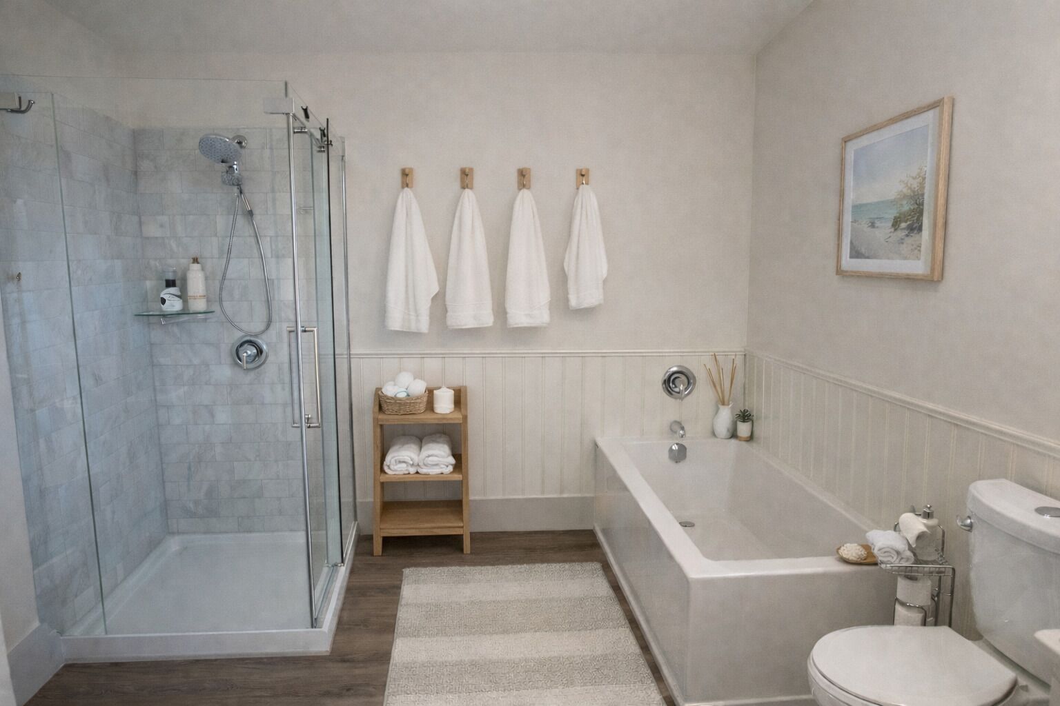Hair dryer, towels, soap, toilet paper