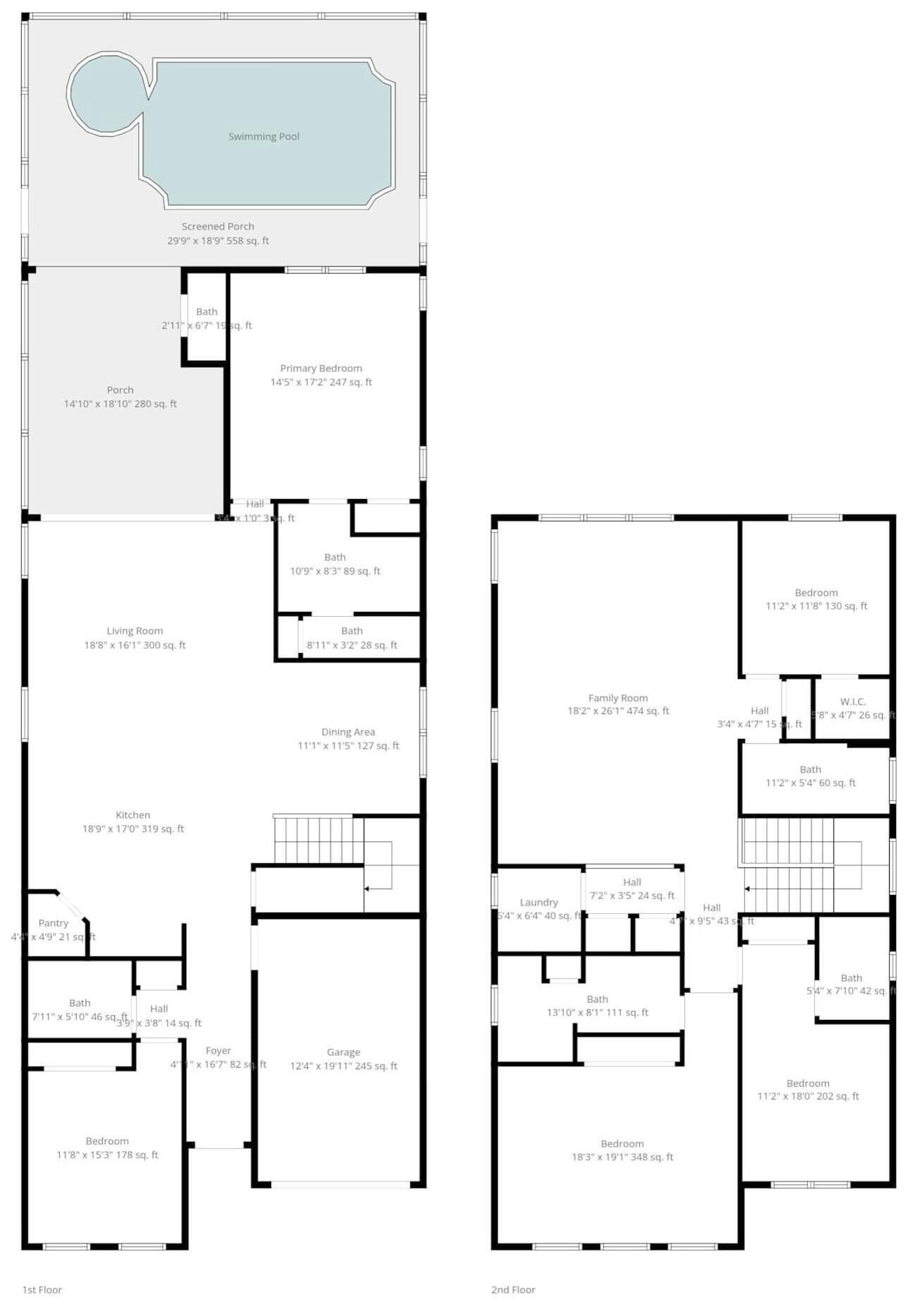 Een plattegrond van een huis met een zwembad, een omheinde veranda, hoofdslaapkamer, woonkamer, keuken, eetruimte en meerdere badkamers.