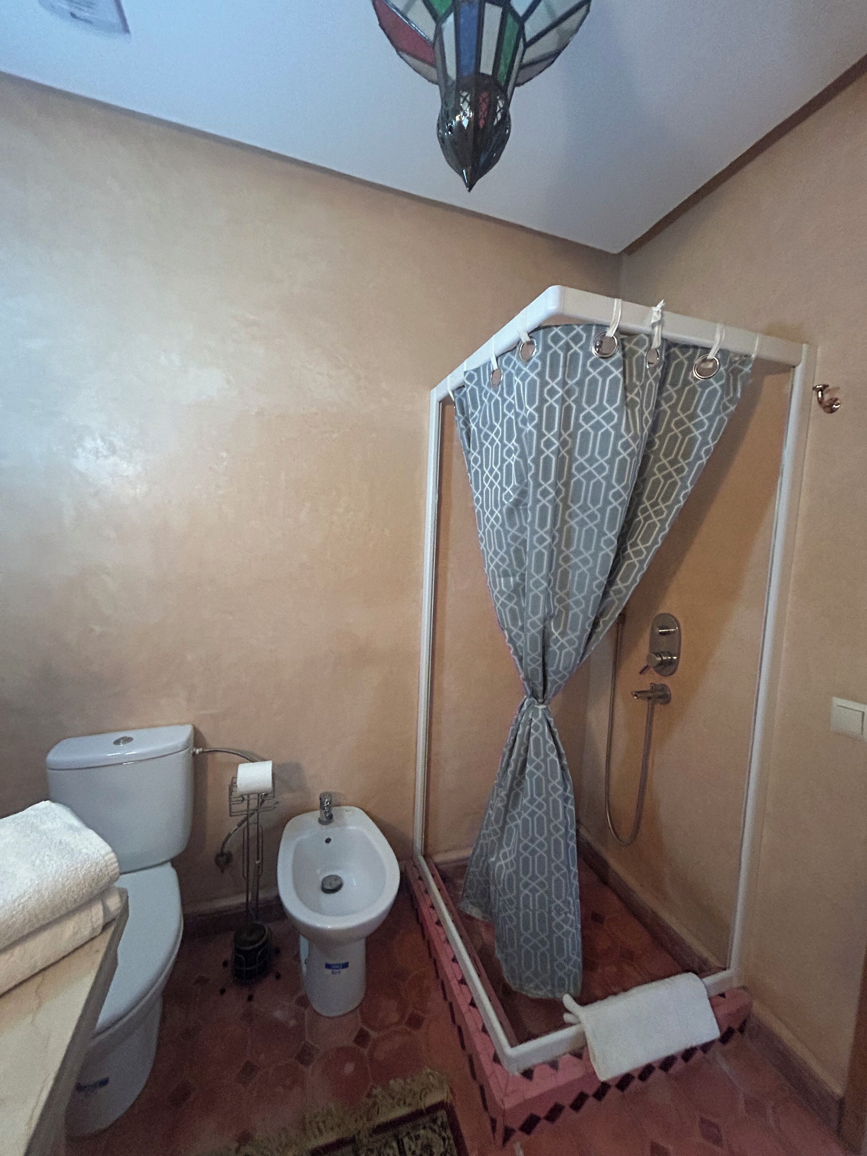 Une salle de bain équipée de toilettes, d’un bidet et d’une douche.