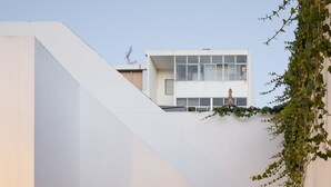 Een modern architectonisch gebouw met een gebogen gevel, een trap die naar een hoger niveau leidt, en een kleine tuin met planten en een bloempot.