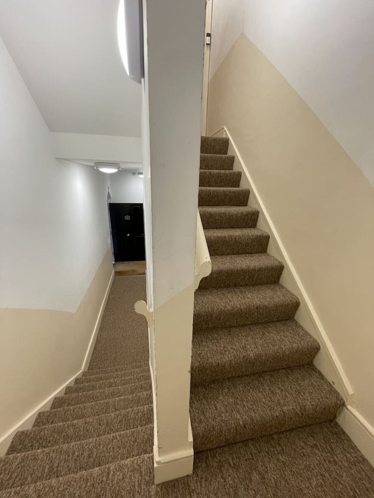 A carpeted staircase with a handrail, white walls, and a light fixture on the ceiling.